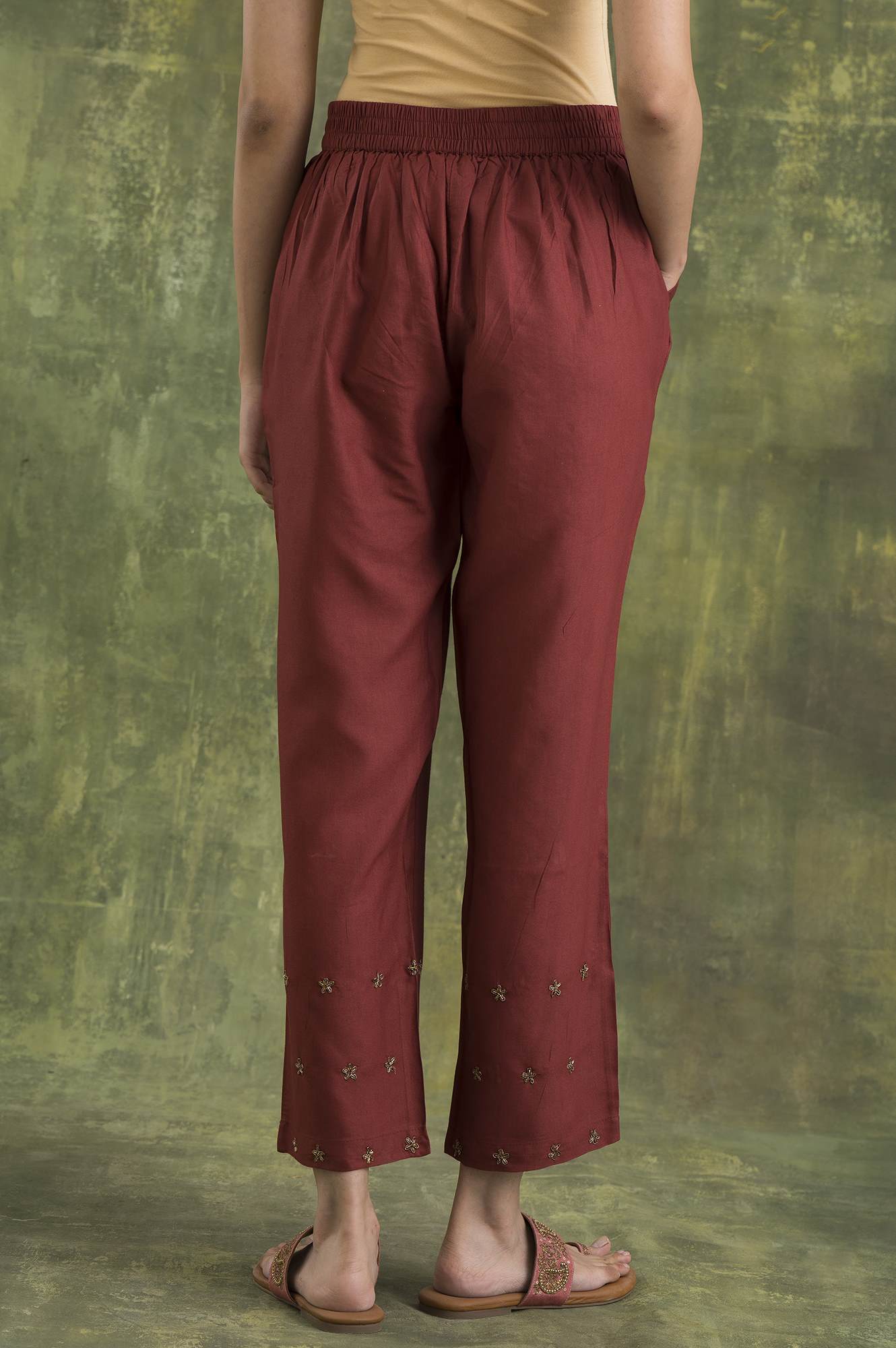 Pink Solid Embroidered Straight Silk Pant