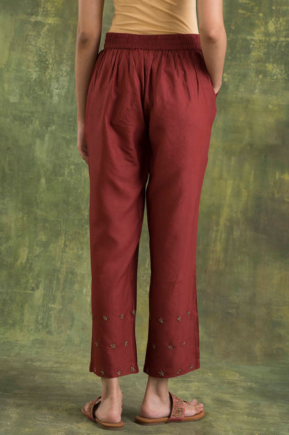 Pink Solid Embroidered Straight Silk Pant