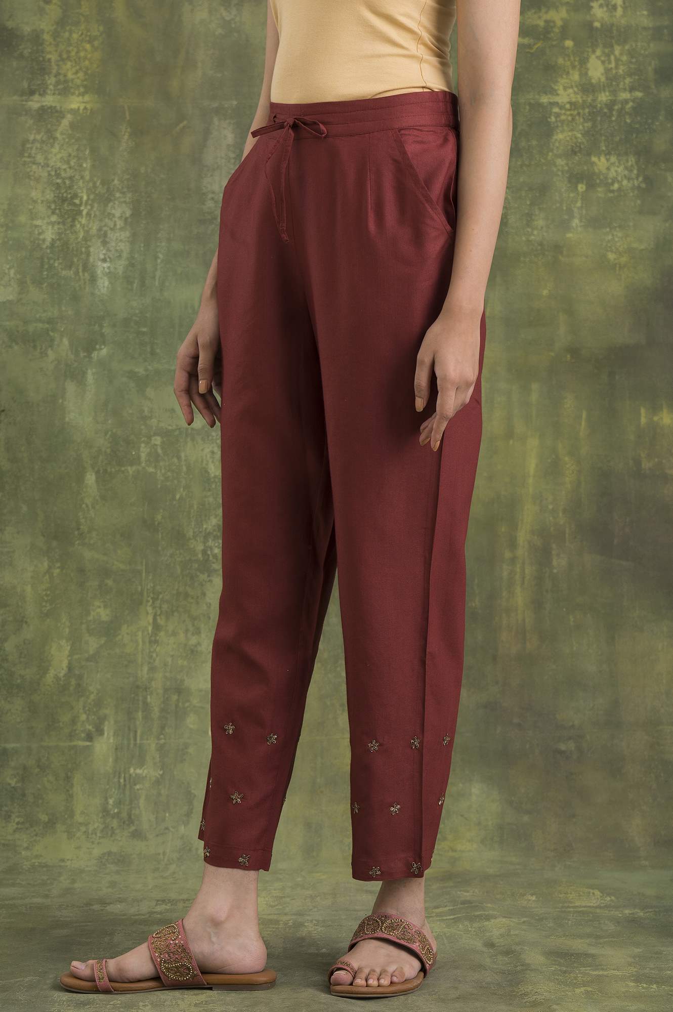 Pink Solid Embroidered Straight Silk Pant