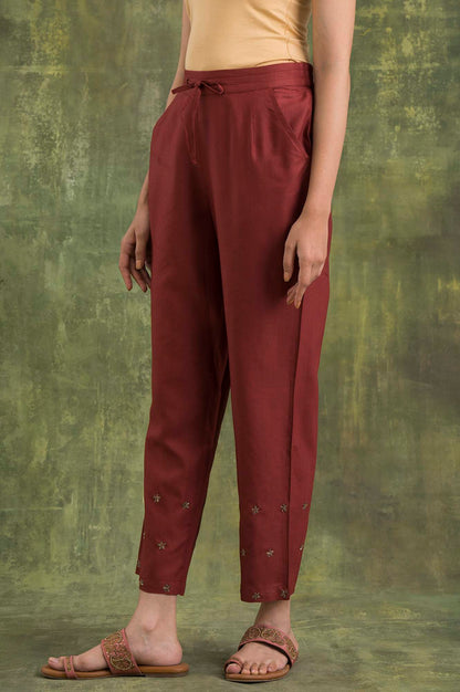 Pink Solid Embroidered Straight Silk Pant