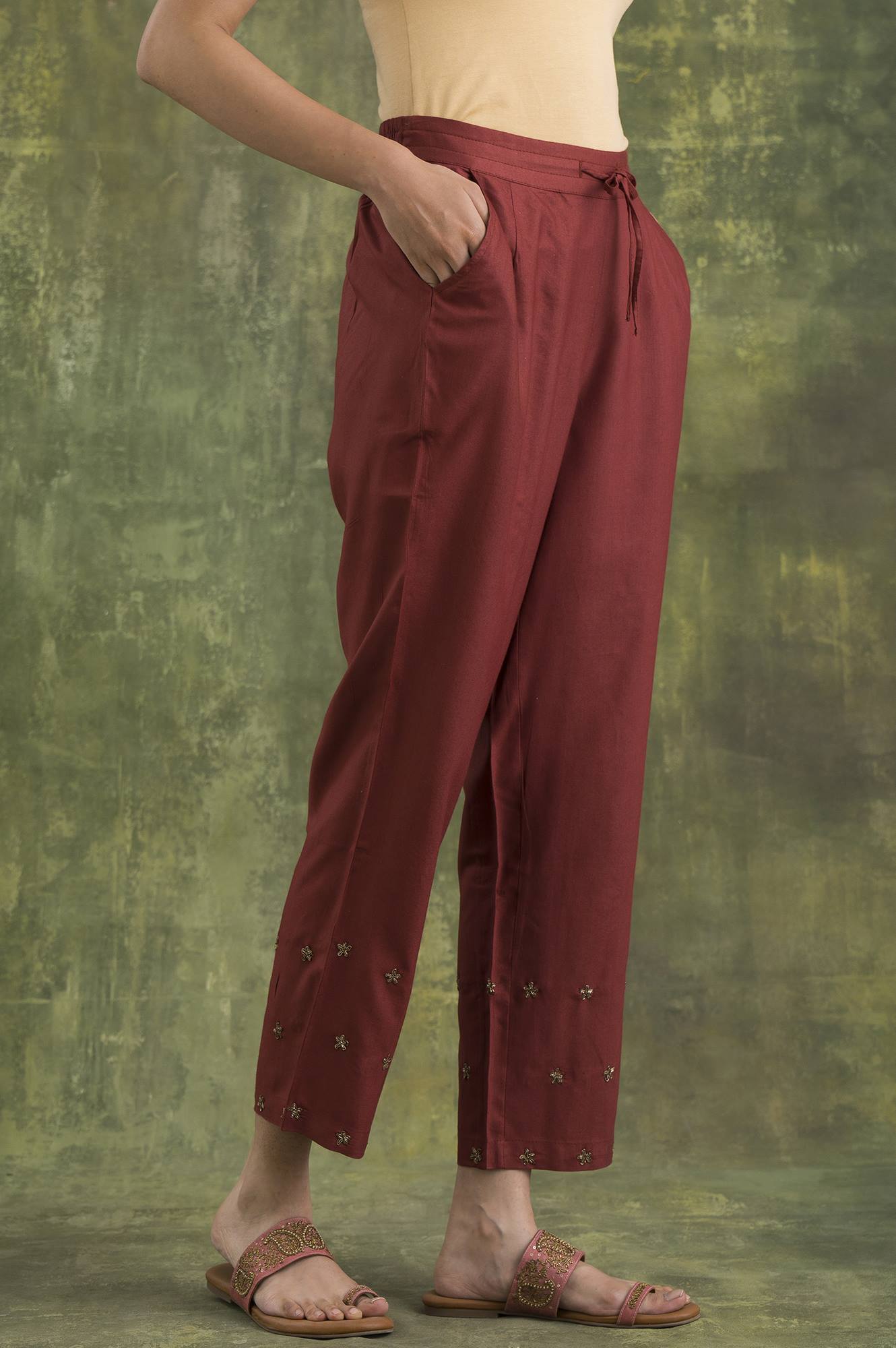 Pink Solid Embroidered Straight Silk Pant
