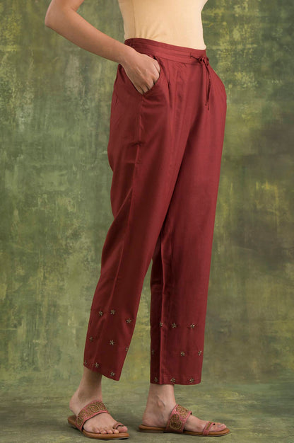 Pink Solid Embroidered Straight Silk Pant