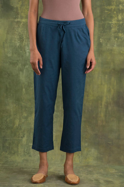 Blue Solid Straight Pants
