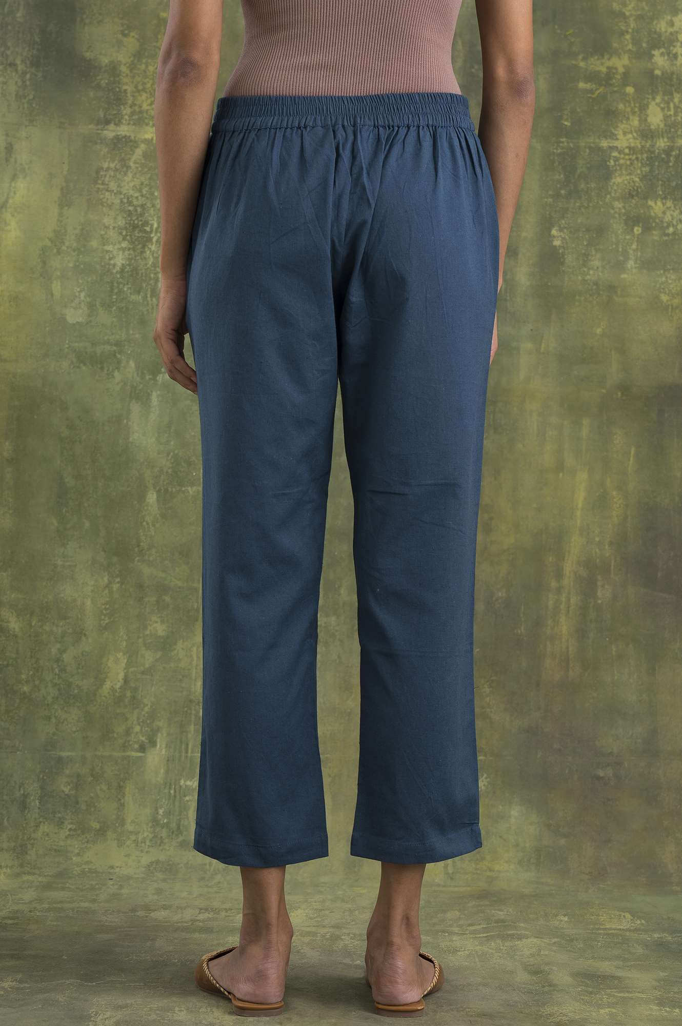 Blue Solid Straight Pants
