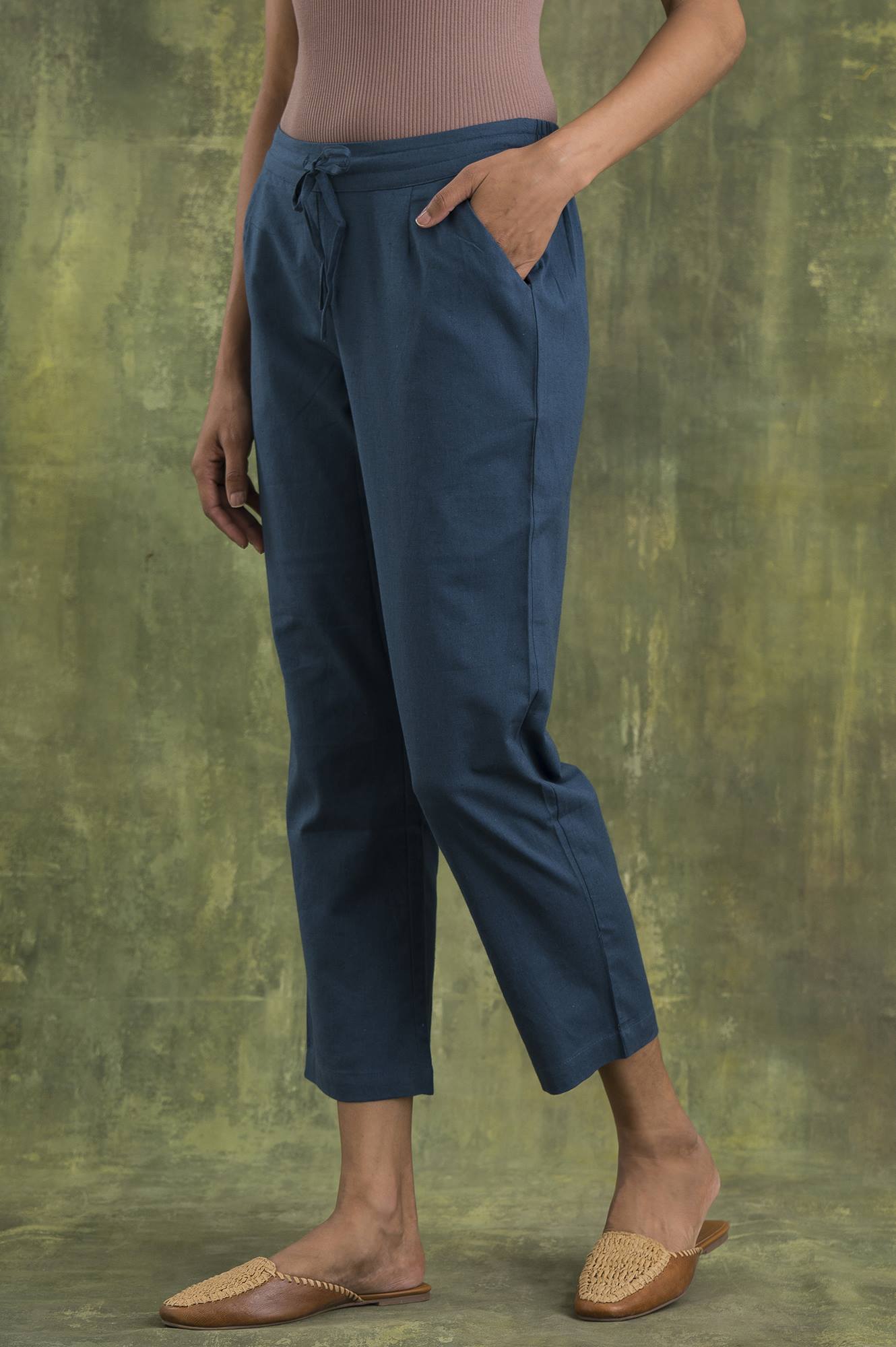 Blue Solid Straight Pants