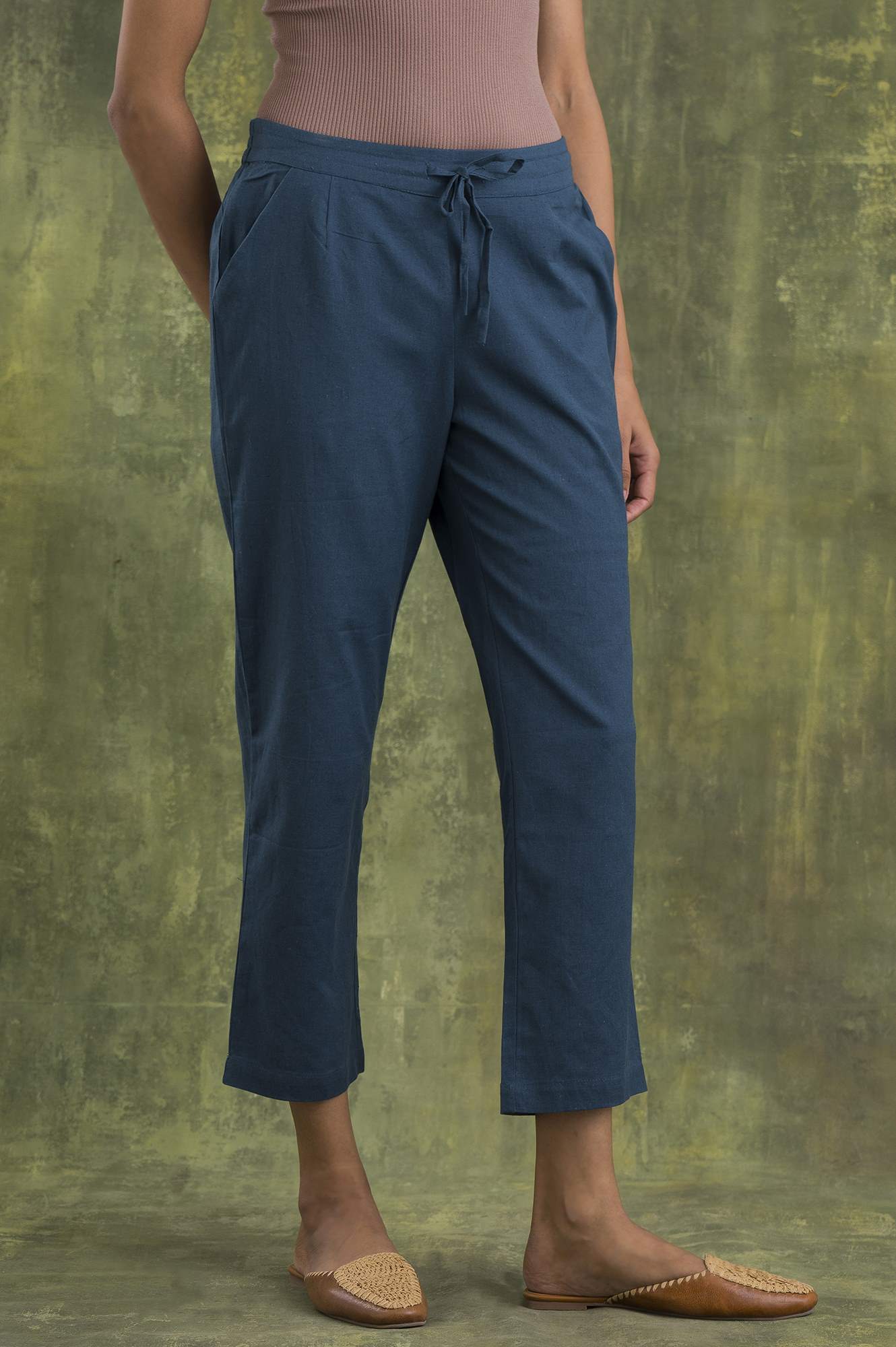 Blue Solid Straight Pants