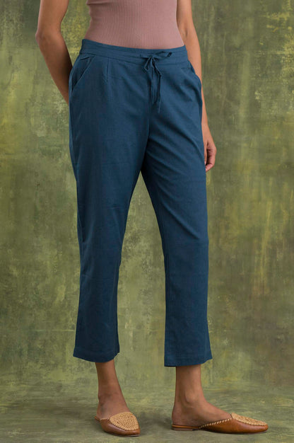 Blue Solid Straight Pants
