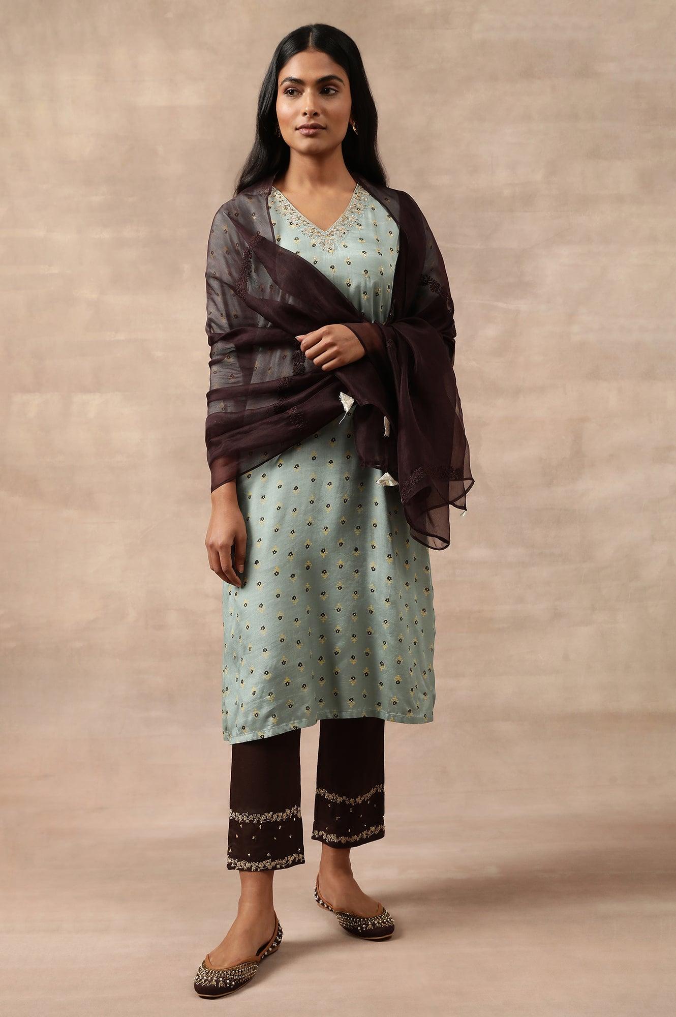 Dark Brown Silk Organza Embroidered Drape - wforwoman