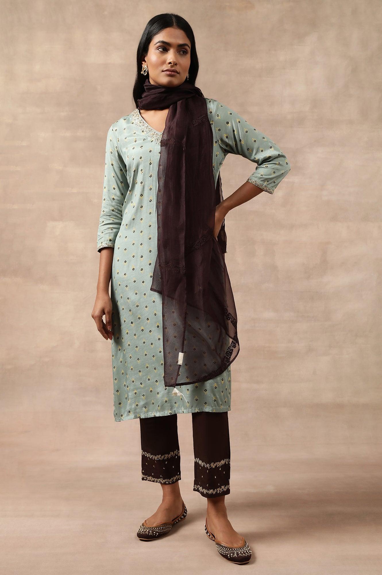 Dark Brown Silk Organza Embroidered Drape - wforwoman