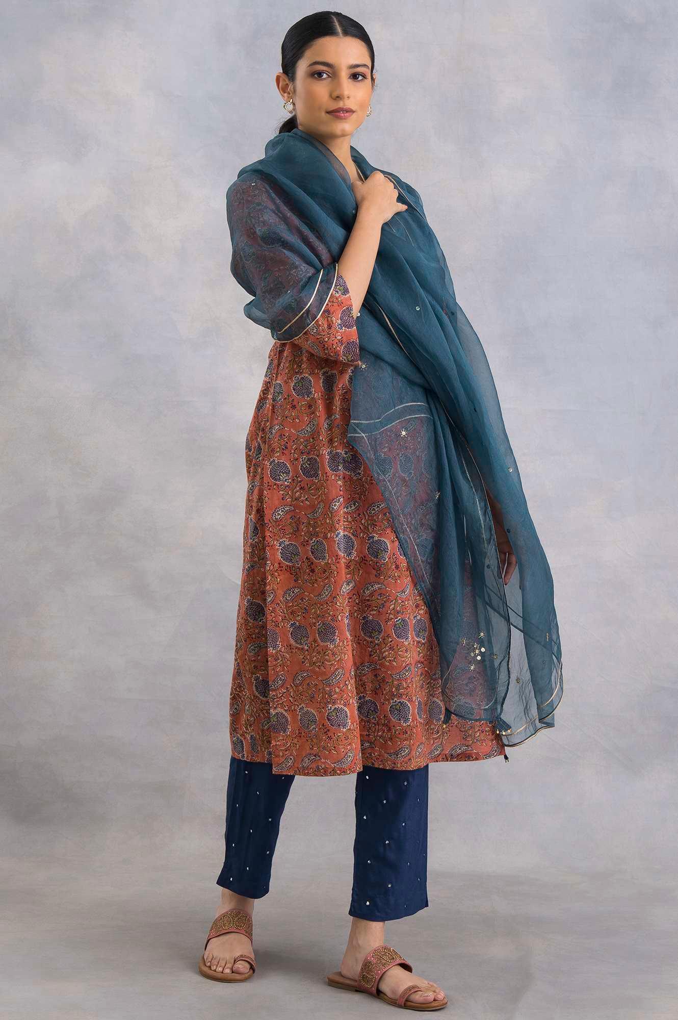 Blue Silk Organza Embroidered Drape - wforwoman