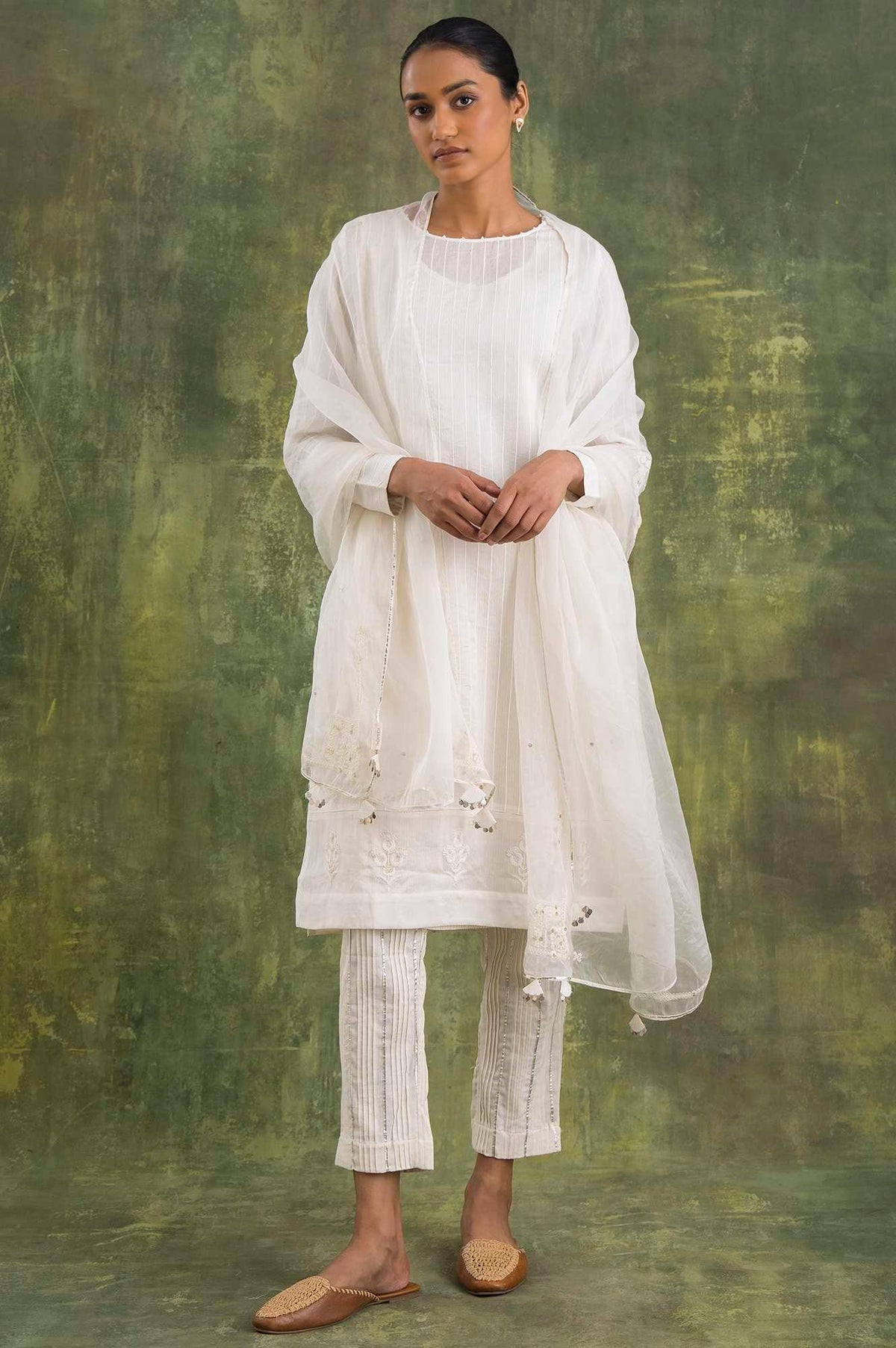 Ecru Silk Organza Embroidered Drape - FS