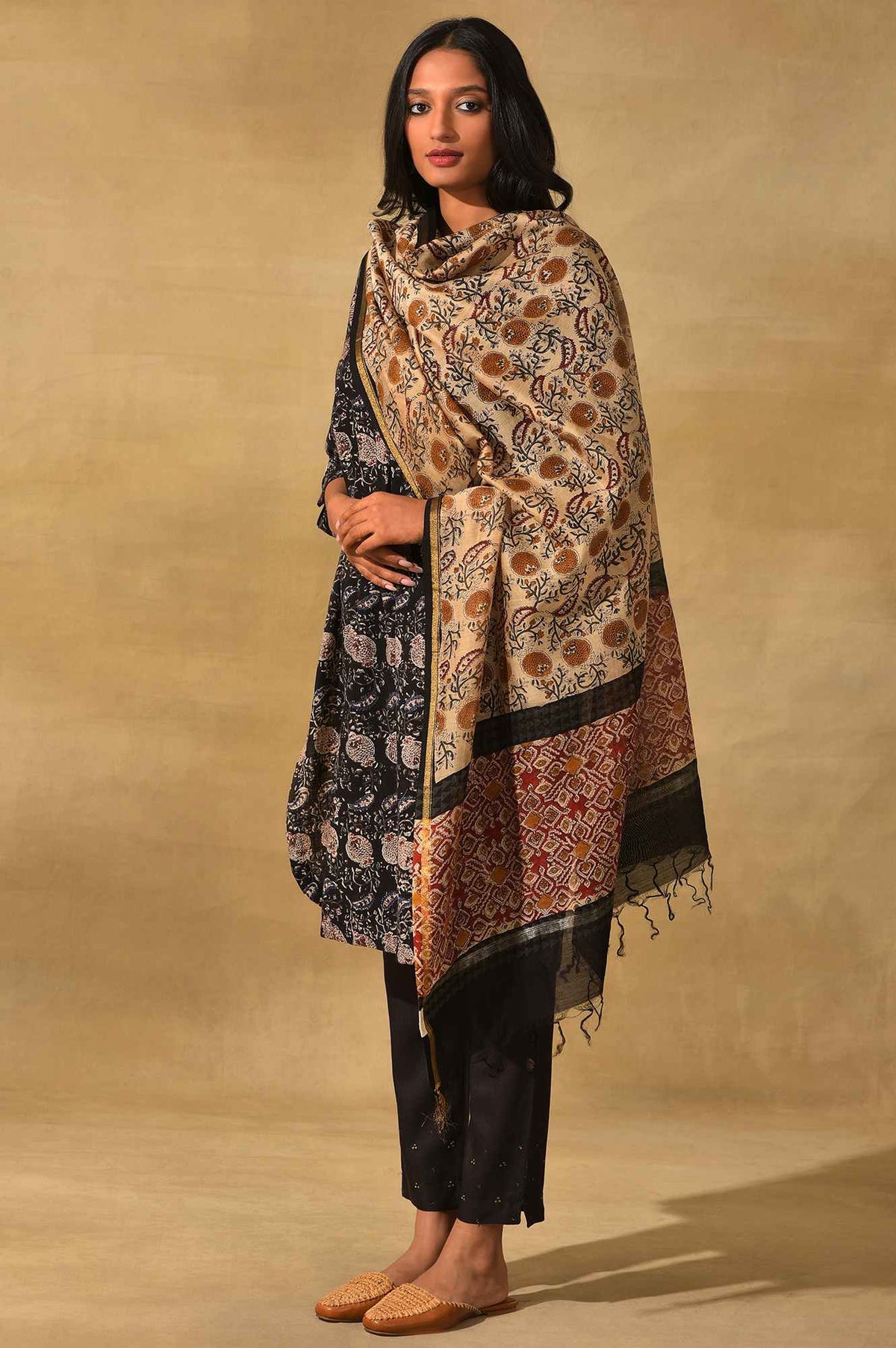 Light Beige Hand Block Printed Cotton Silk Drape - FS
