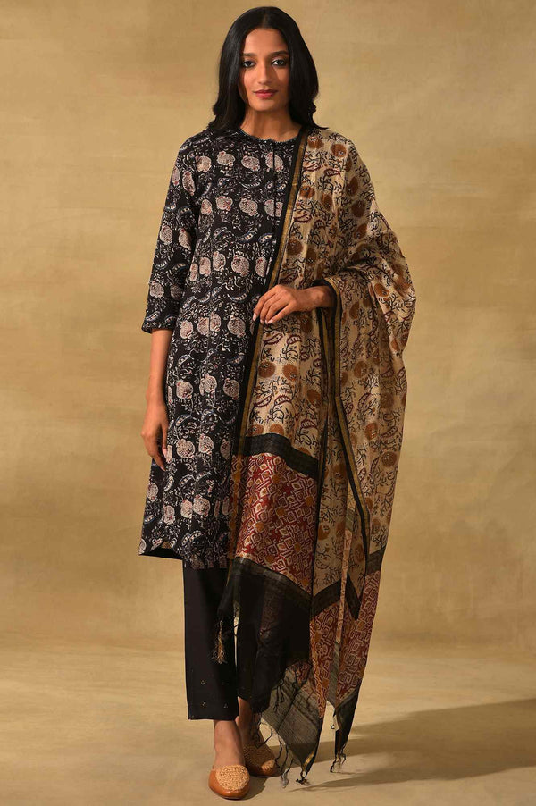 Light Beige Hand Block Printed Cotton Silk Drape