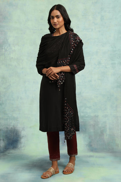 Black Solid Embroidered Rectangular Cotton Dupatta