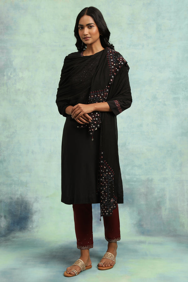 Black Solid Embroidered Rectangular Cotton Dupatta