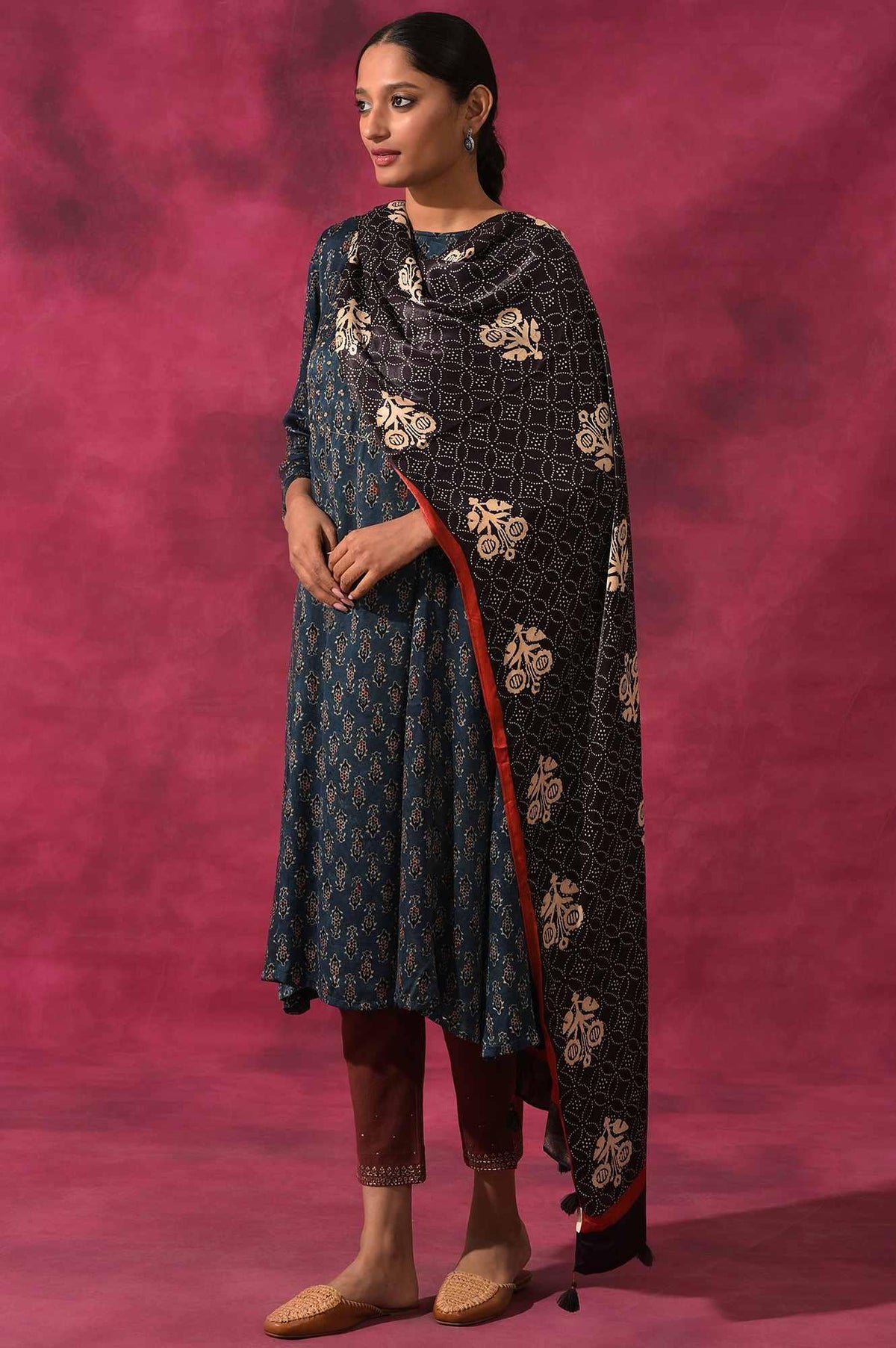 Black Ajrakh Printed Drape In Lustrous Modal Satin - FS
