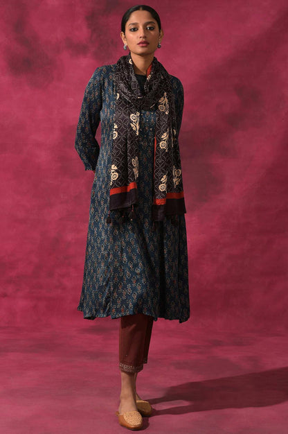 Black Ajrakh Printed Drape In Lustrous Modal Satin - wforwoman