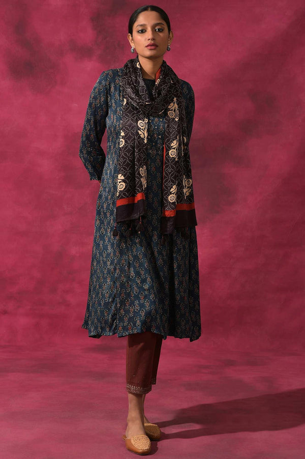 Black Ajrakh Printed Drape In Lustrous Modal Satin