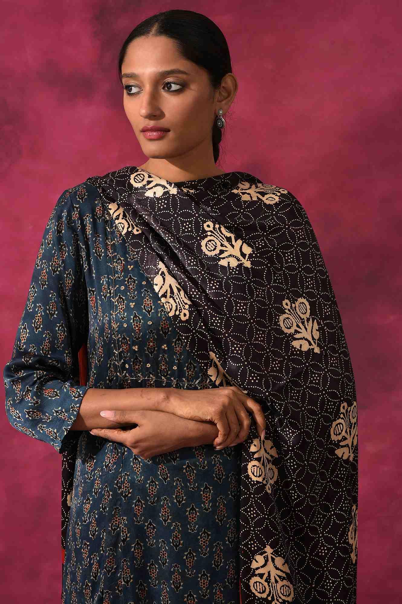 Black Ajrakh Printed Drape In Lustrous Modal Satin - wforwoman