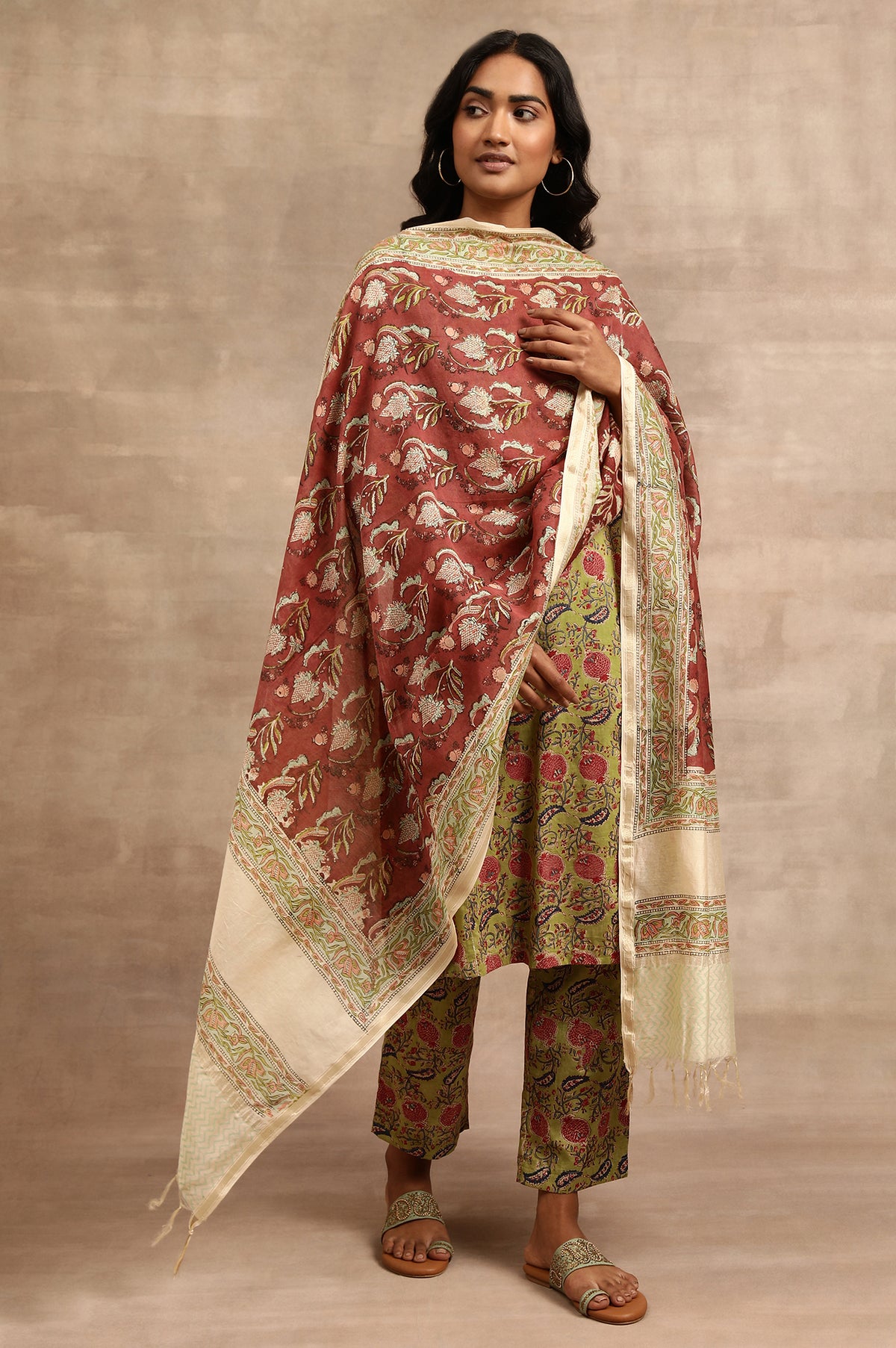 Pink Hand Block Printed Cotton Silk Drape - FS
