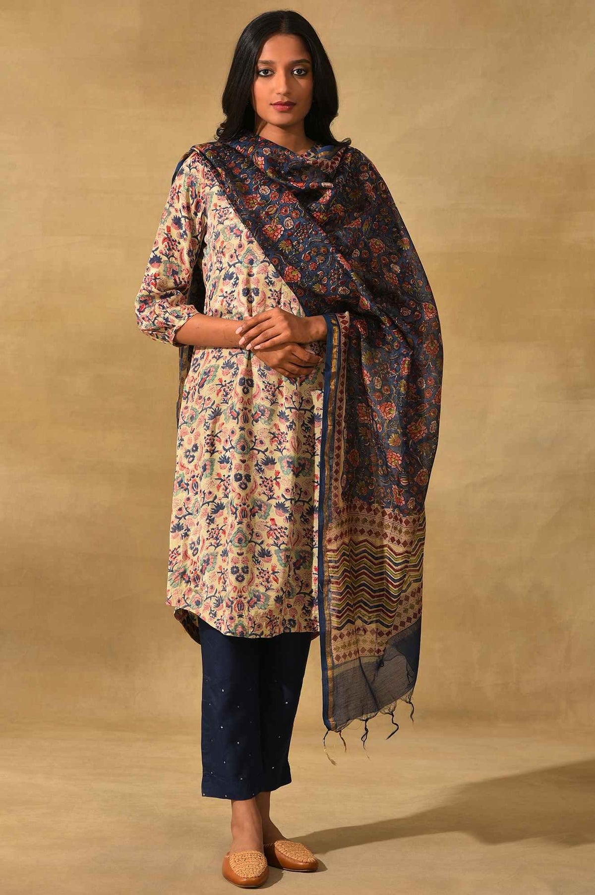 Blue Hand Block Printed Cotton Silk Drape - FS