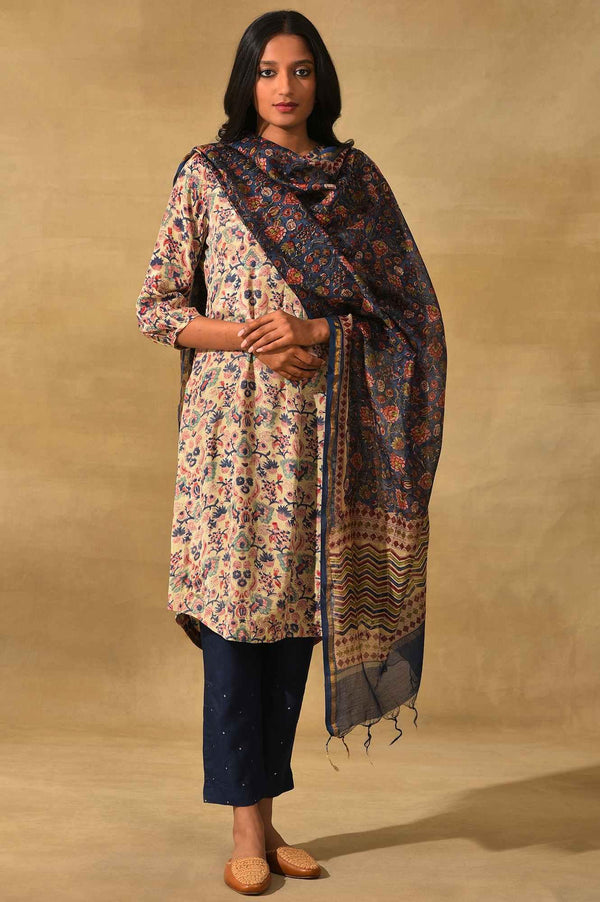 Blue Hand Block Printed Cotton Silk Drape