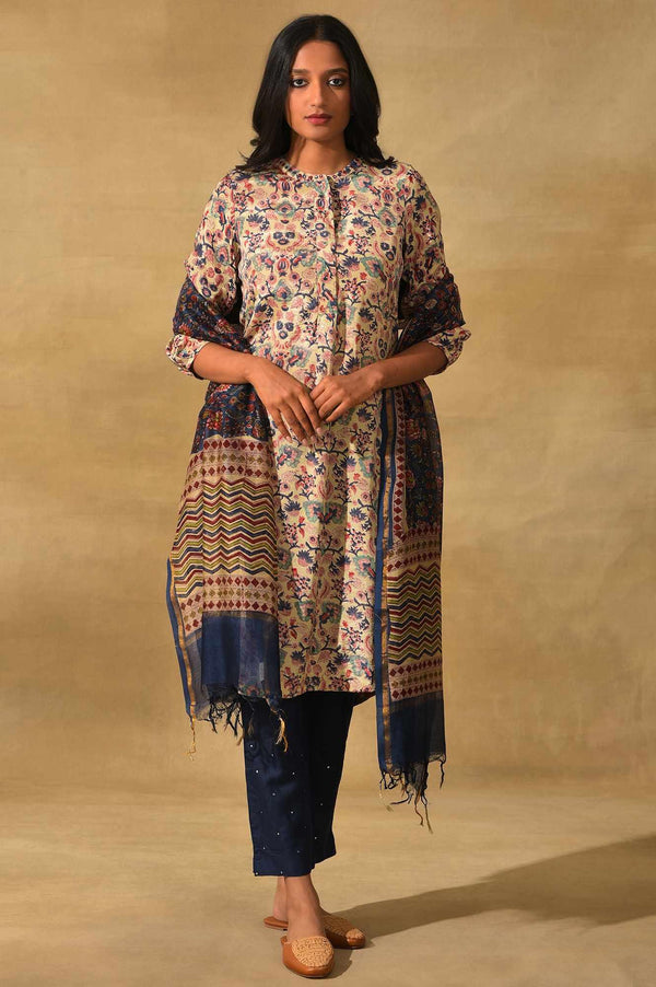 Blue Hand Block Printed Cotton Silk Drape
