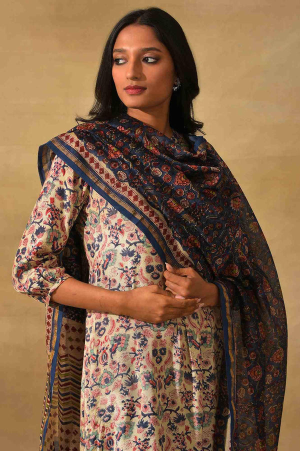 Blue Hand Block Printed Cotton Silk Drape