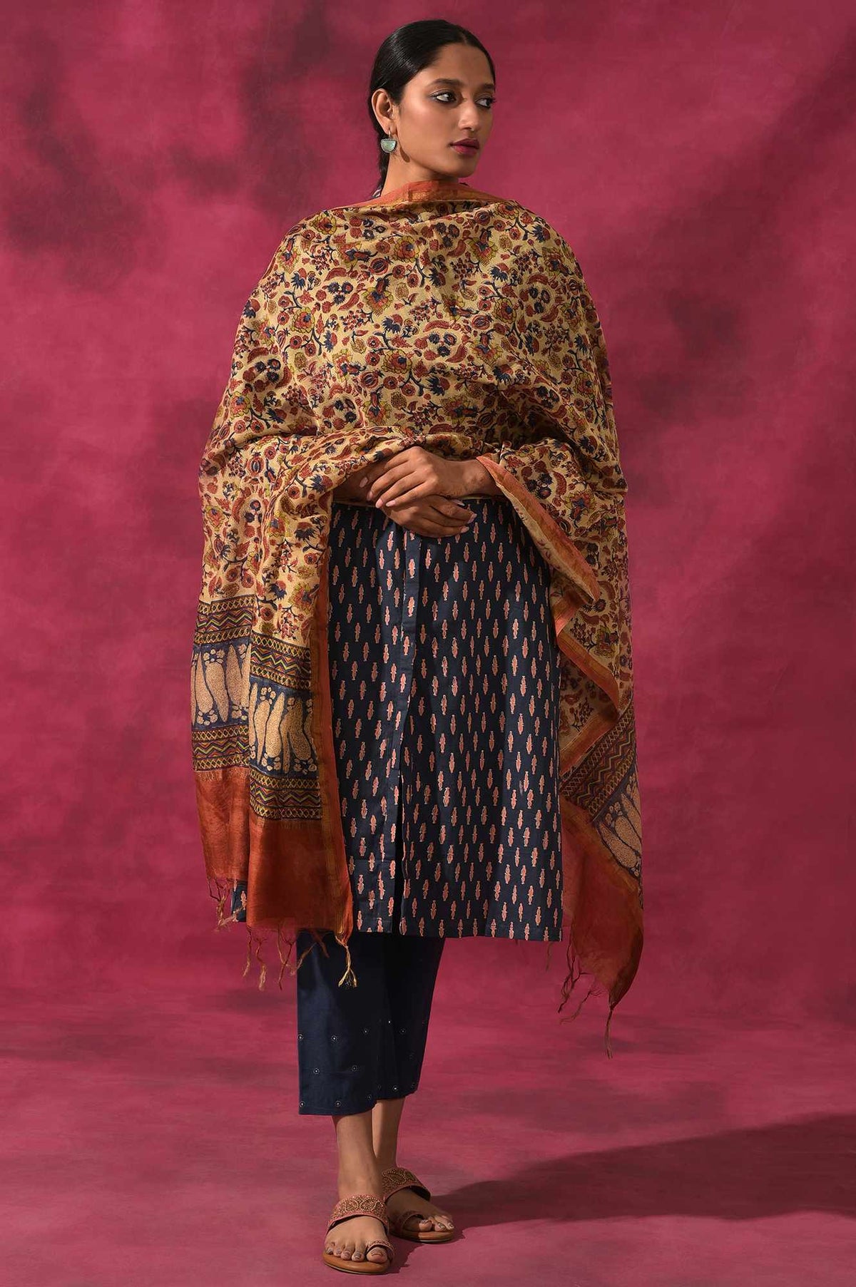 Light Beige Hand Block Printed Cotton Silk Drape - FS