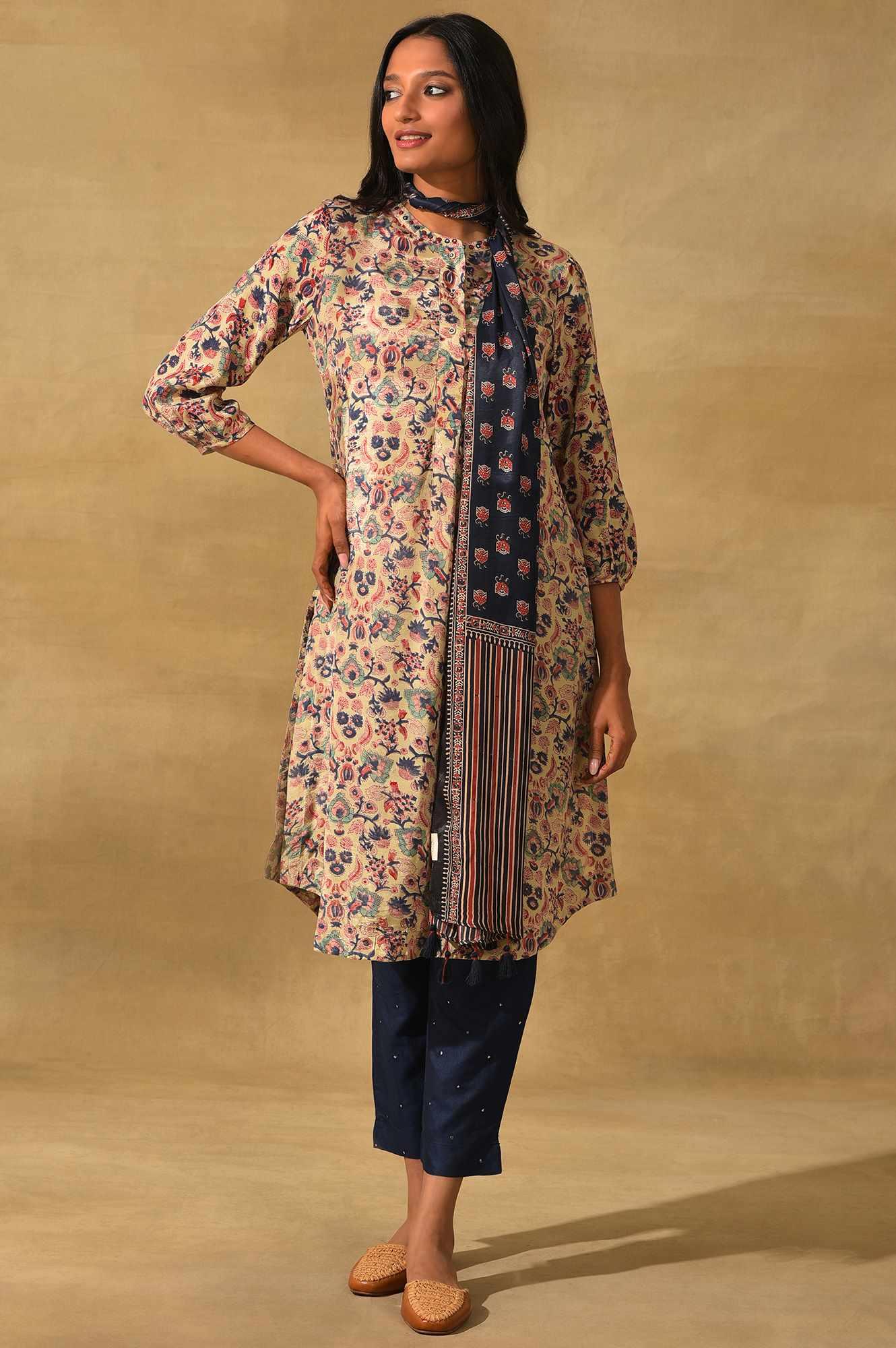 Blue Modal Satin Ajrakh Printed Drape - wforwoman