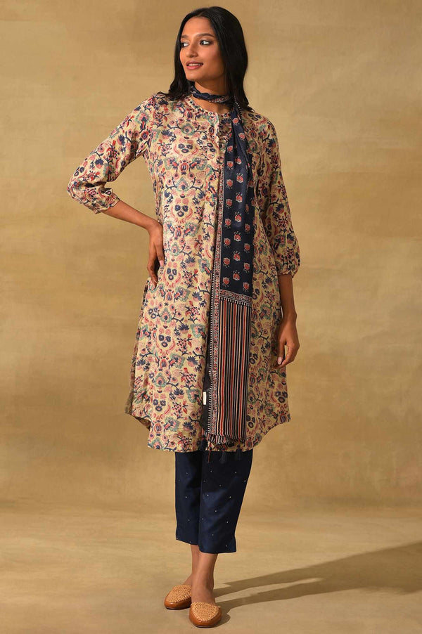 Blue Modal Satin Ajrakh Printed Drape