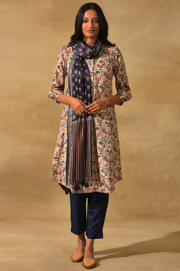 Blue Modal Satin Ajrakh Printed Drape