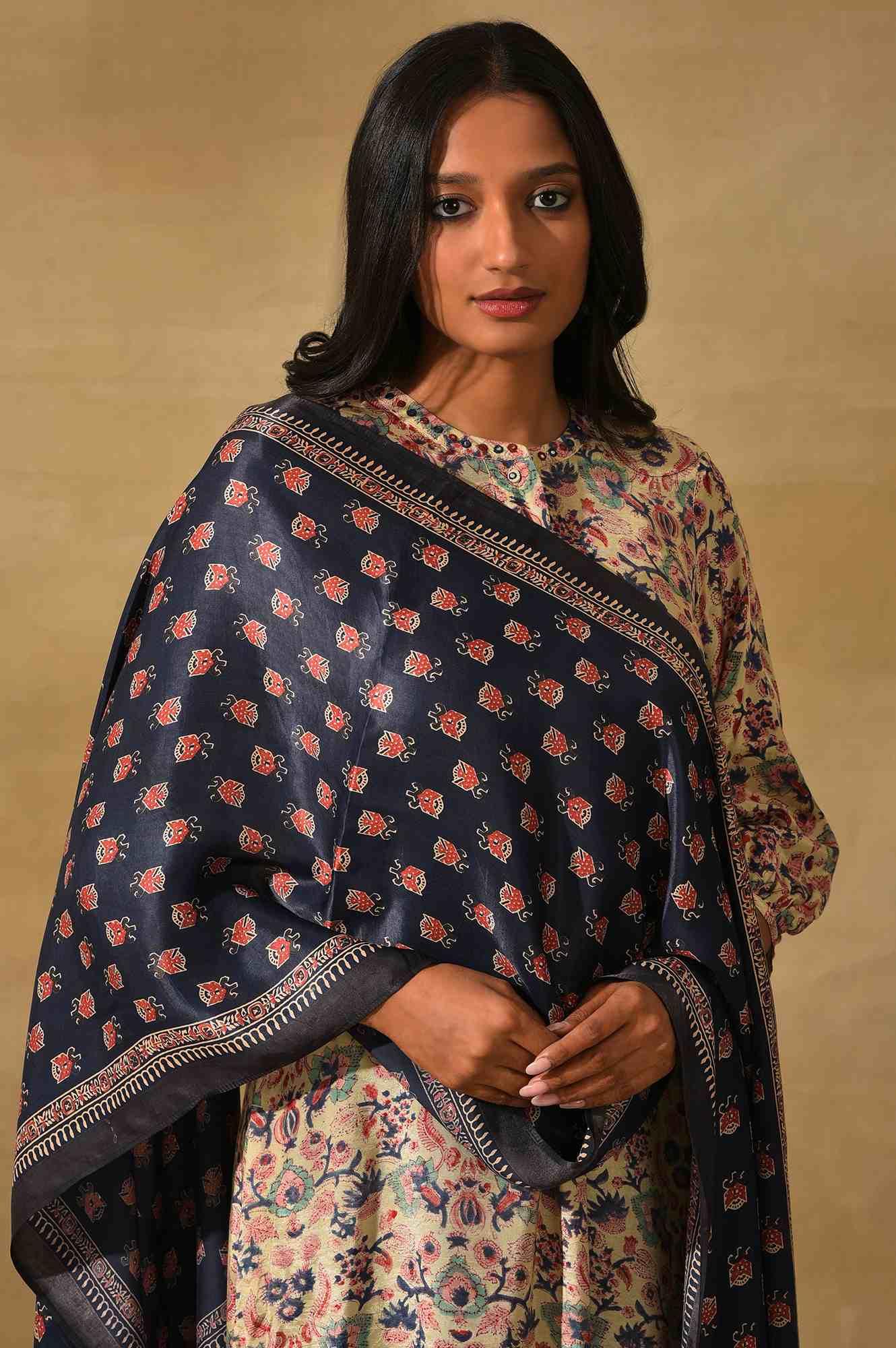 Blue Modal Satin Ajrakh Printed Drape - wforwoman