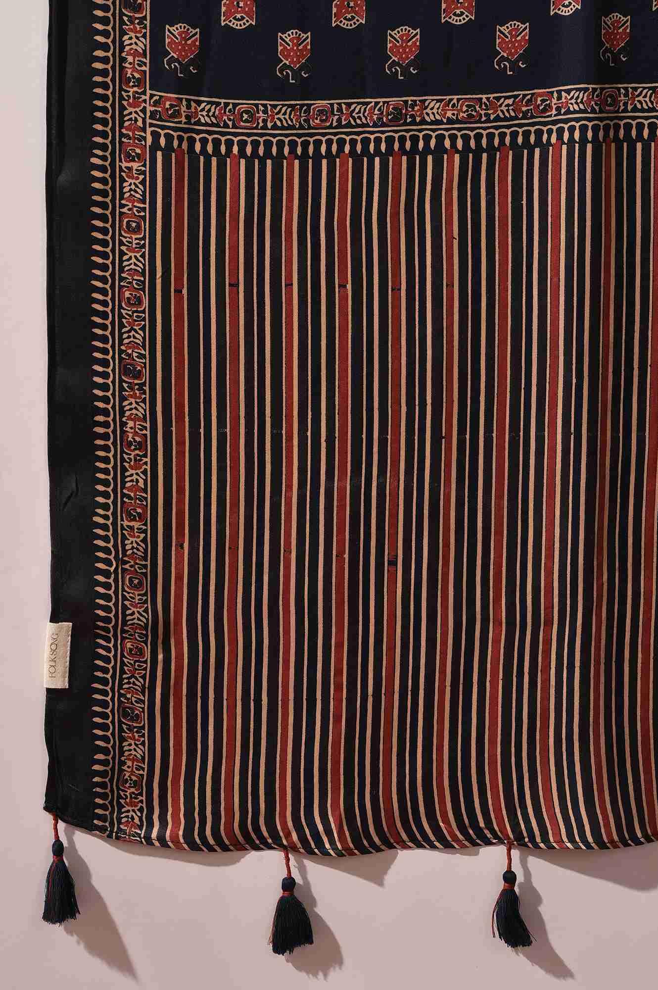 Blue Modal Satin Ajrakh Printed Drape - wforwoman