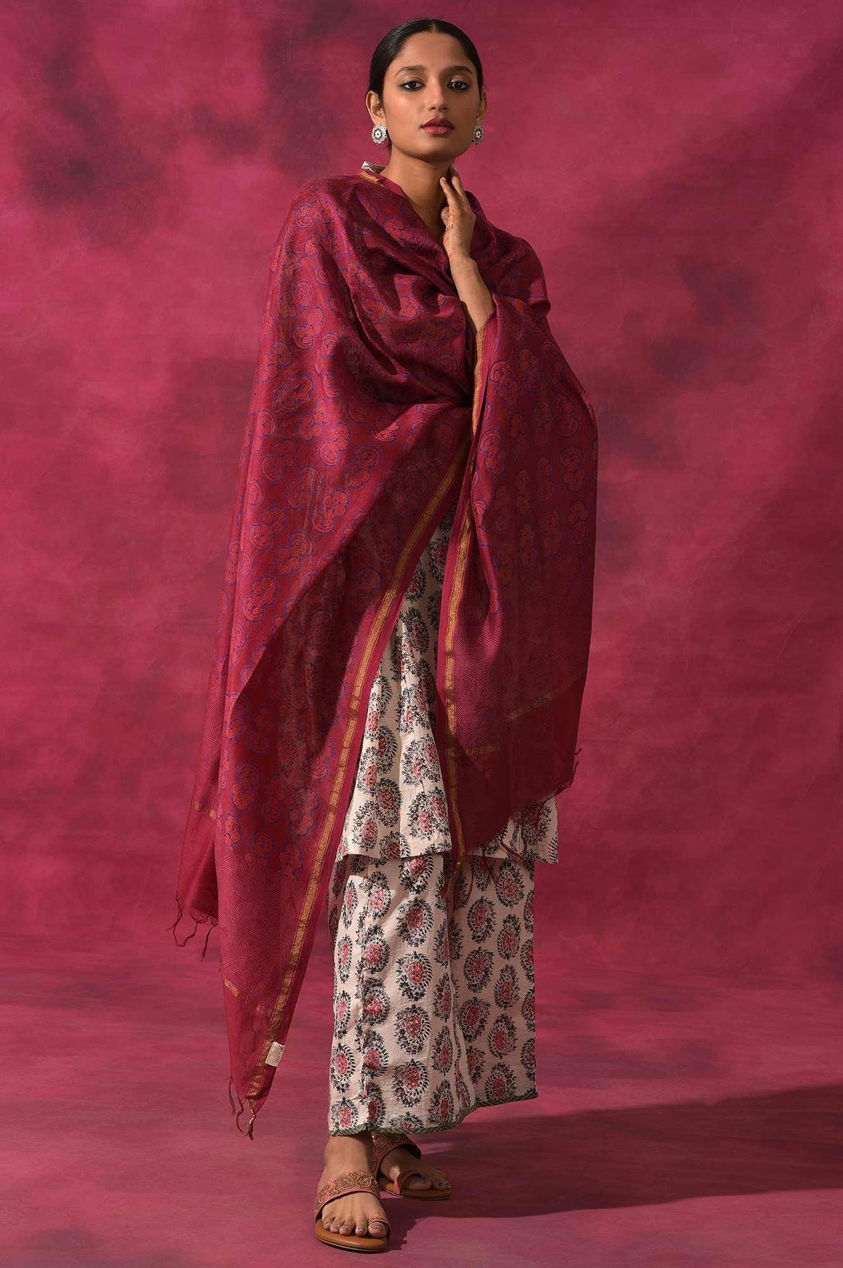 Dark Pink Hand Block Printed Cotton Silk Drape - FS