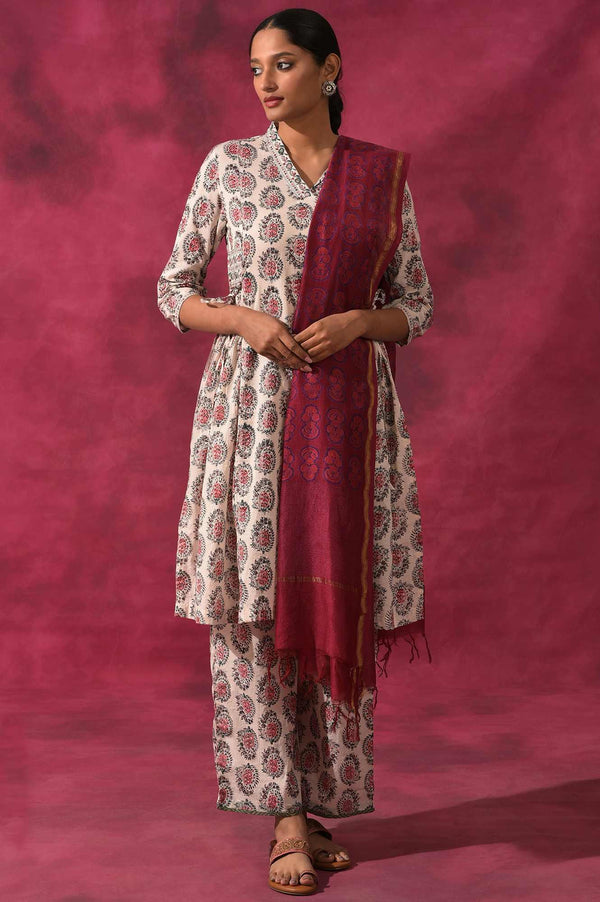 Dark Pink Hand Block Printed Cotton Silk Drape