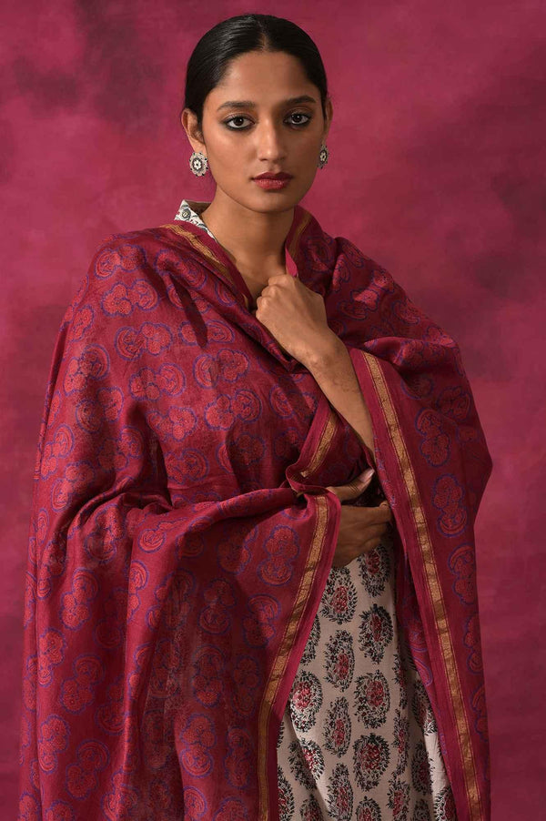 Dark Pink Hand Block Printed Cotton Silk Drape