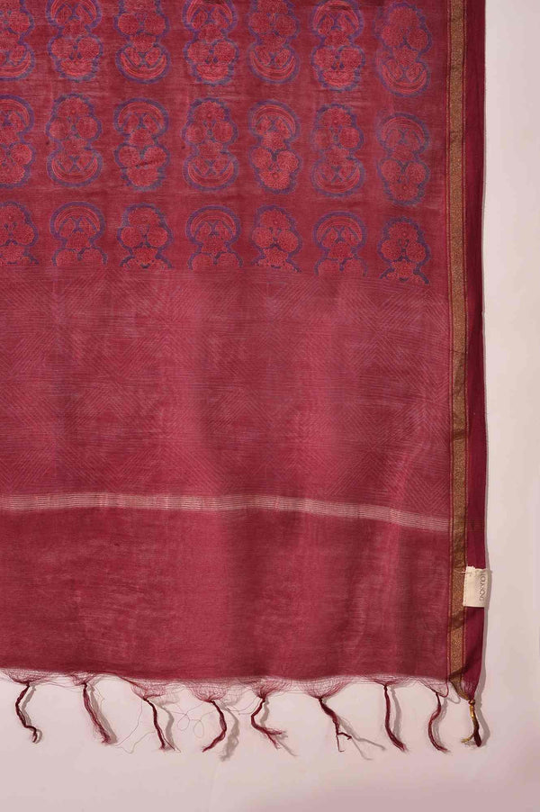 Dark Pink Hand Block Printed Cotton Silk Drape