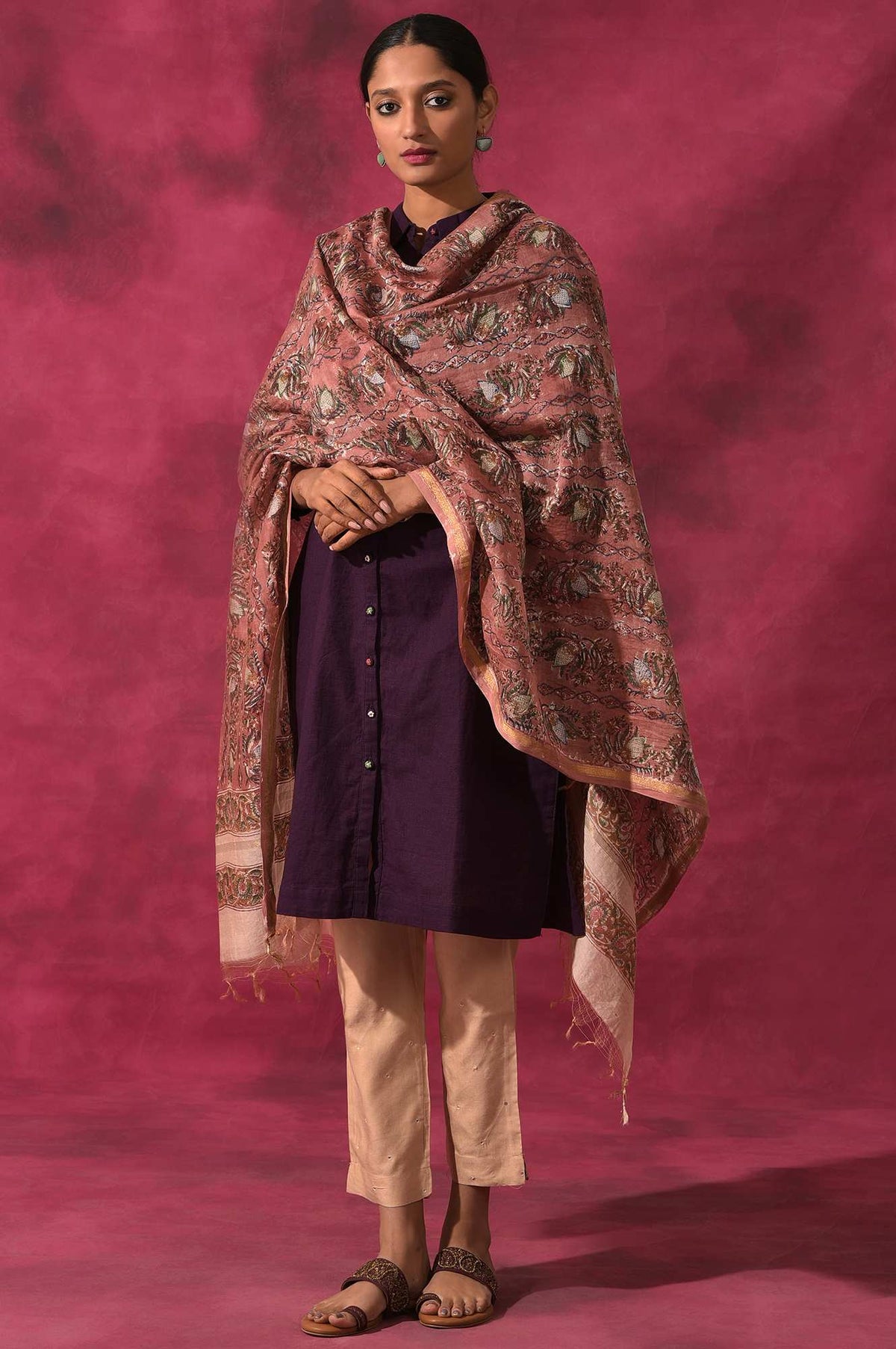 Pink Hand Block Printed Cotton Silk Drape - FS
