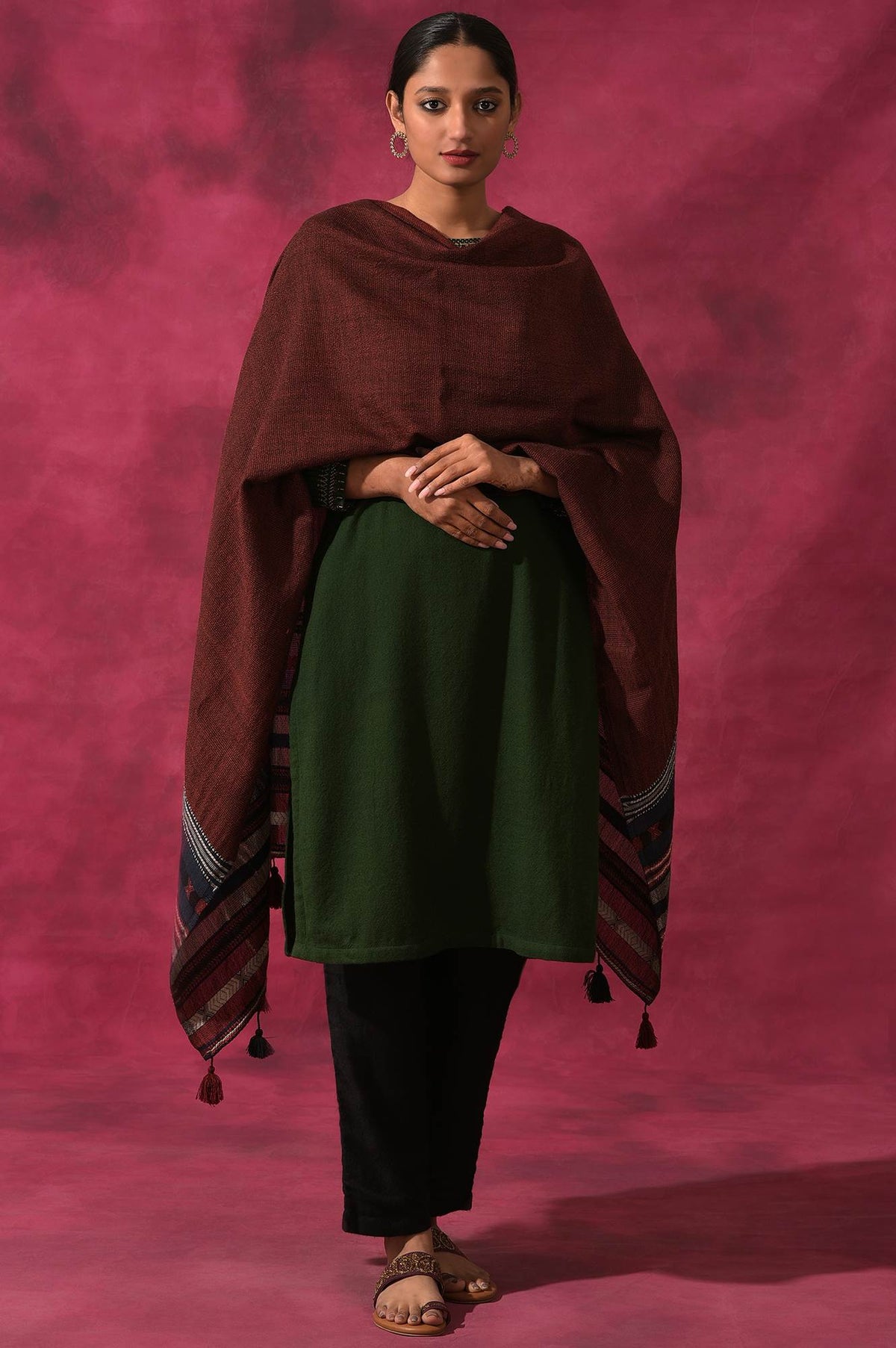 Red Yarn Dyed Woollen Shawl - FS