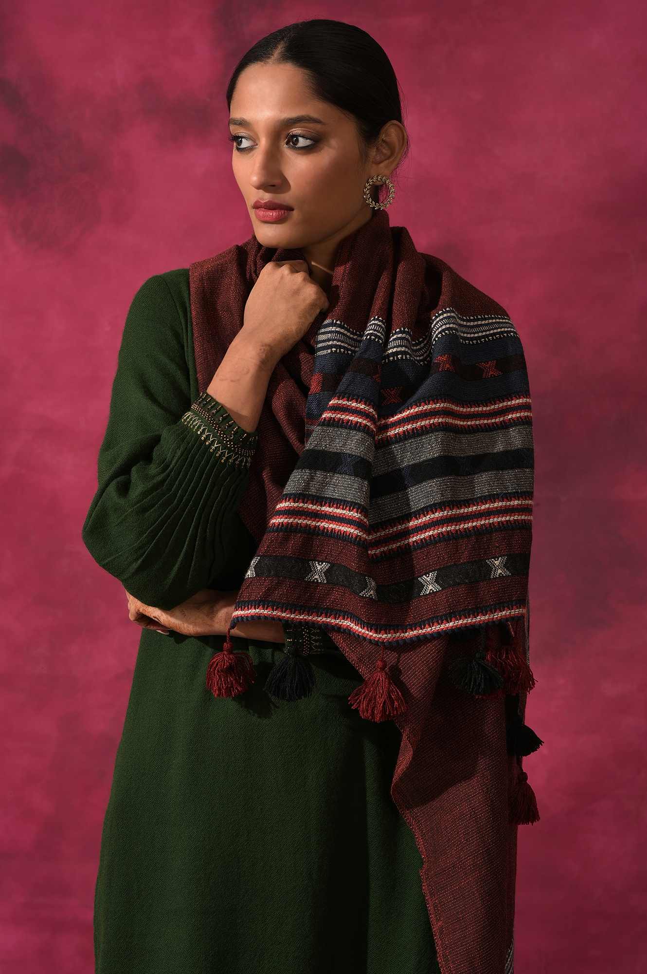 Red Yarn Dyed Woollen Shawl