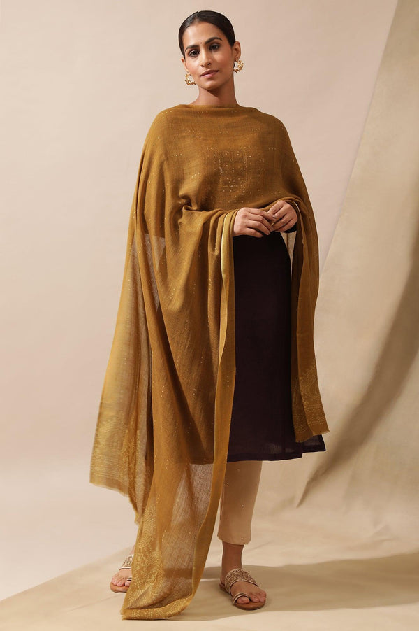 Dark Yellow Woollen Printed Shawl