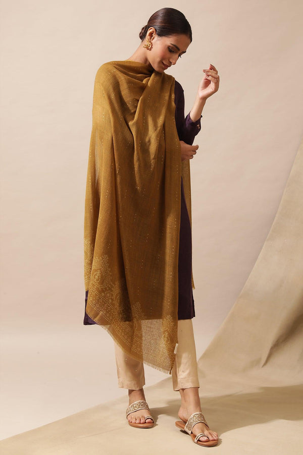 Dark Yellow Woollen Printed Shawl