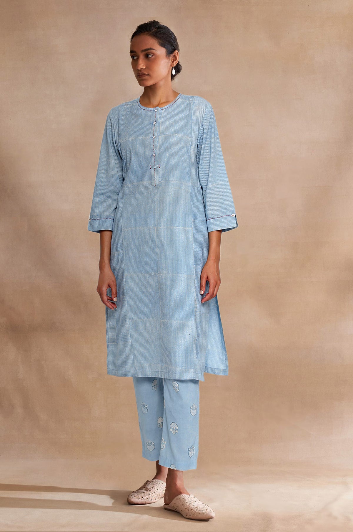 Folksong By W Light Blue Handblock Stripe Print kurta - XS