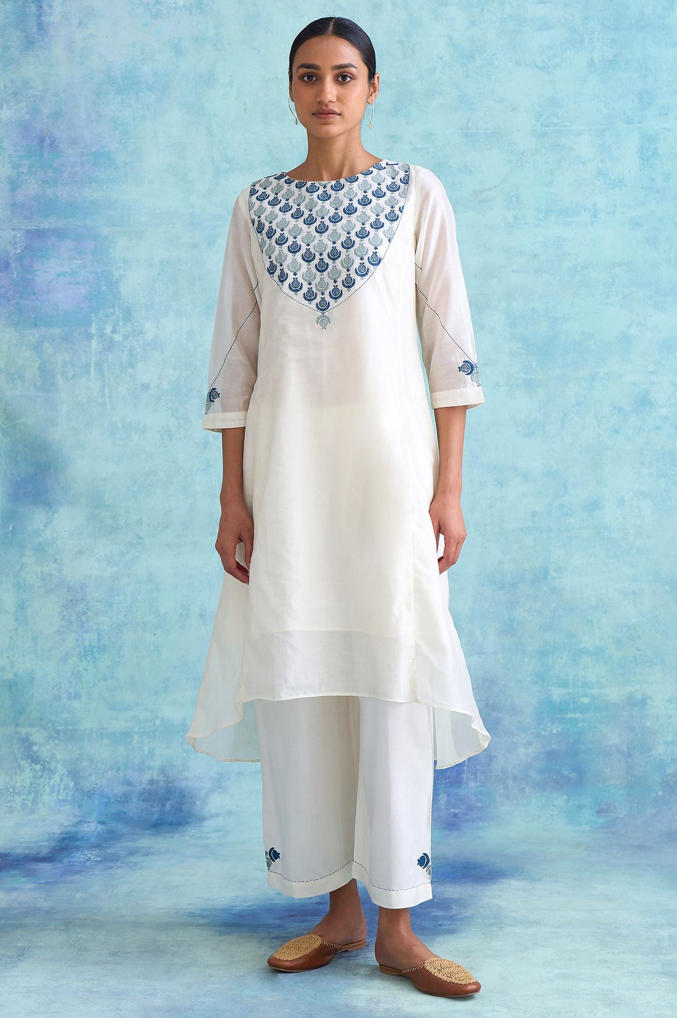 Ecru Embroidered Cotton Silk kurta