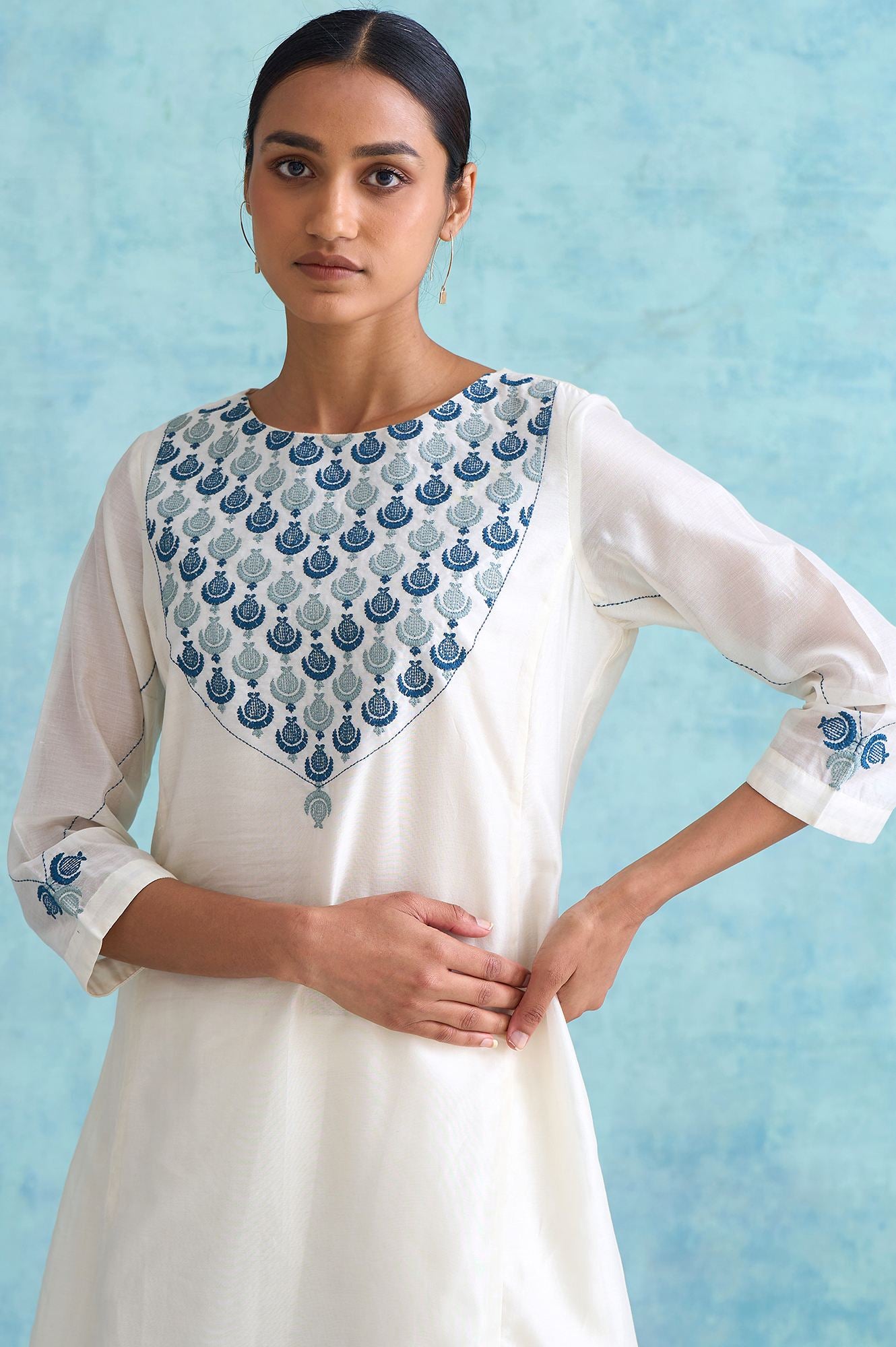 Ecru Embroidered Cotton Silk kurta