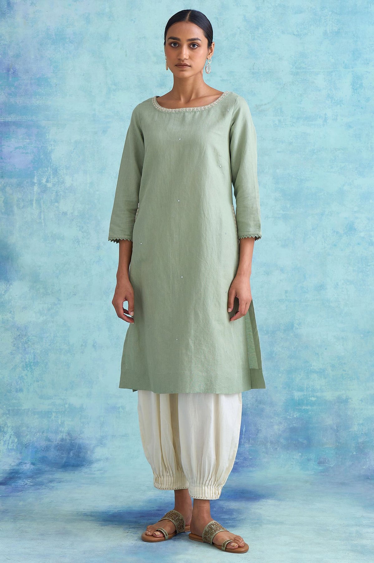 Folksong By W Sage Green Cotton Linen kurta - XS