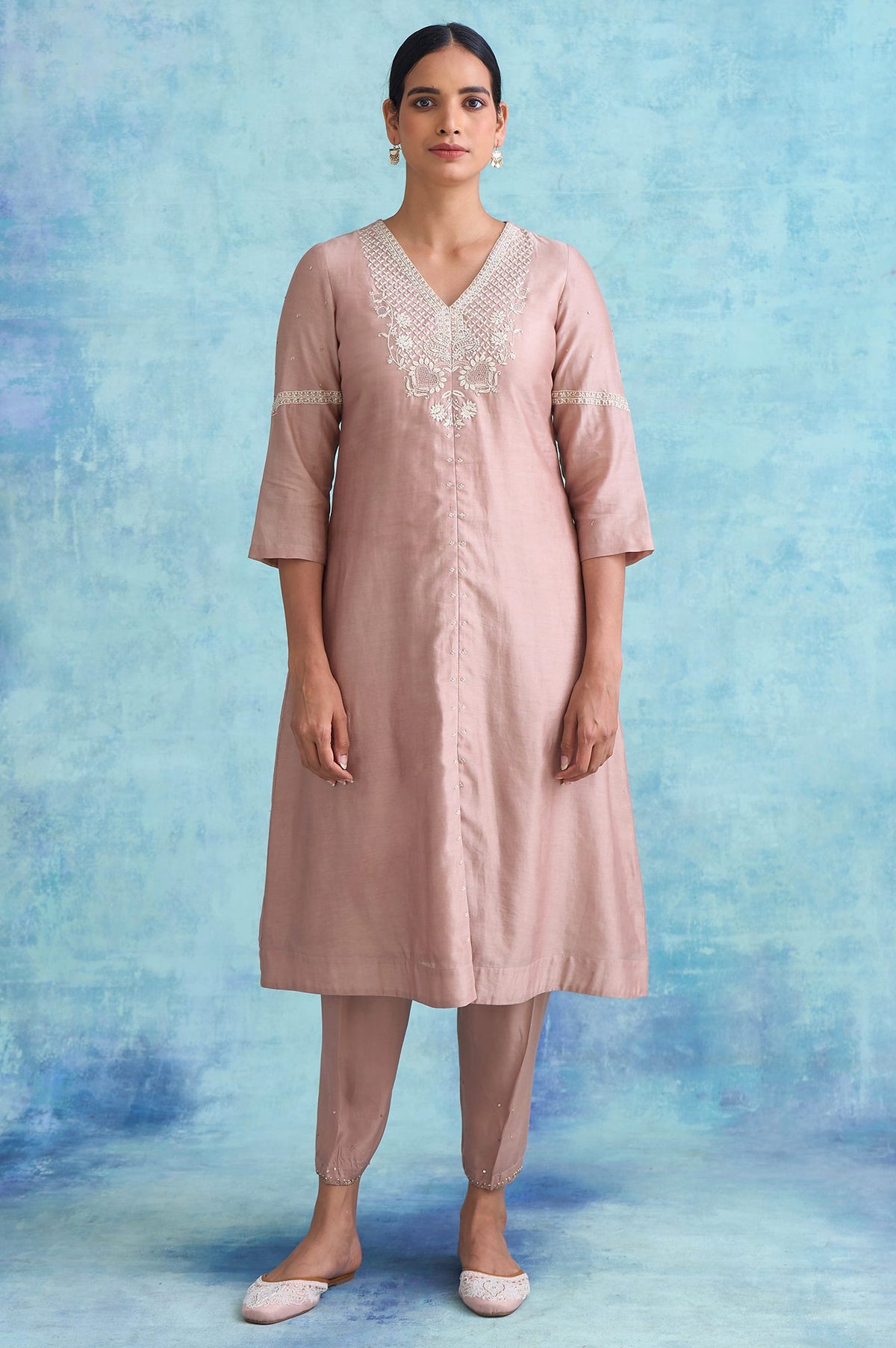 Folksong By W Dusty Pink Cotton Silk Chikankari kurta - XS