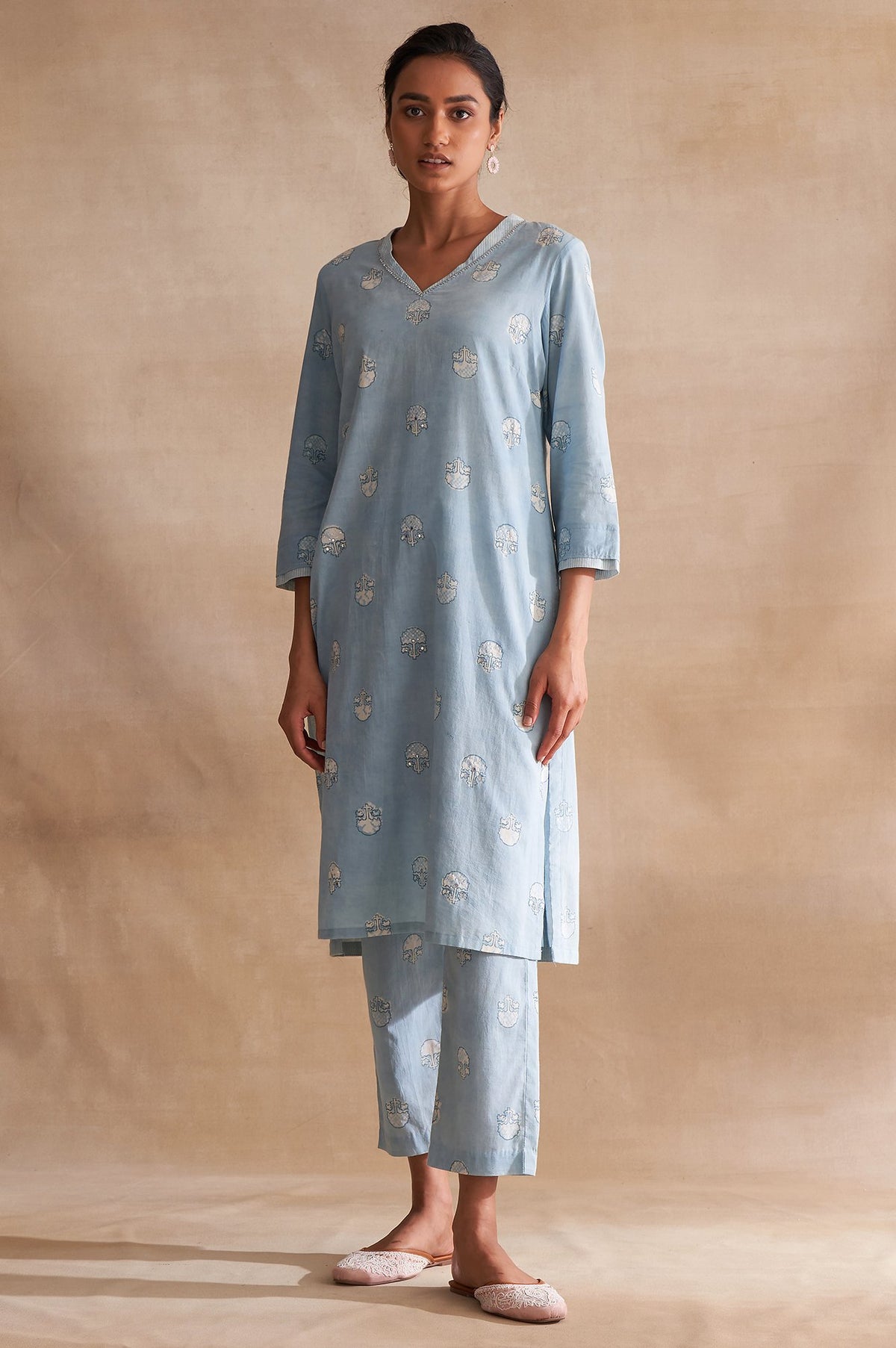 Light Blue Handblock Dabu Print kurta - XS