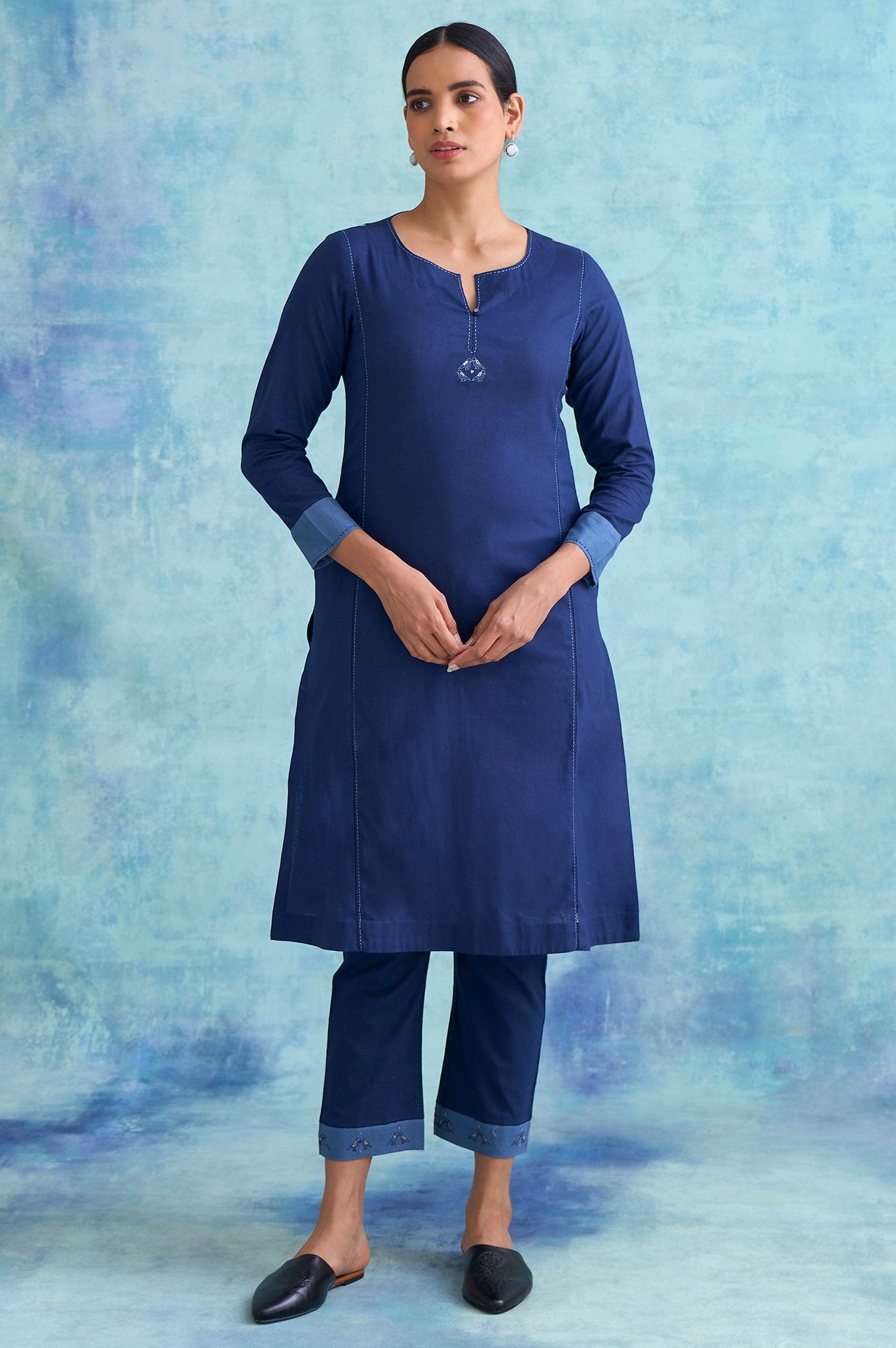 Indigo Solid kurta With Kantha